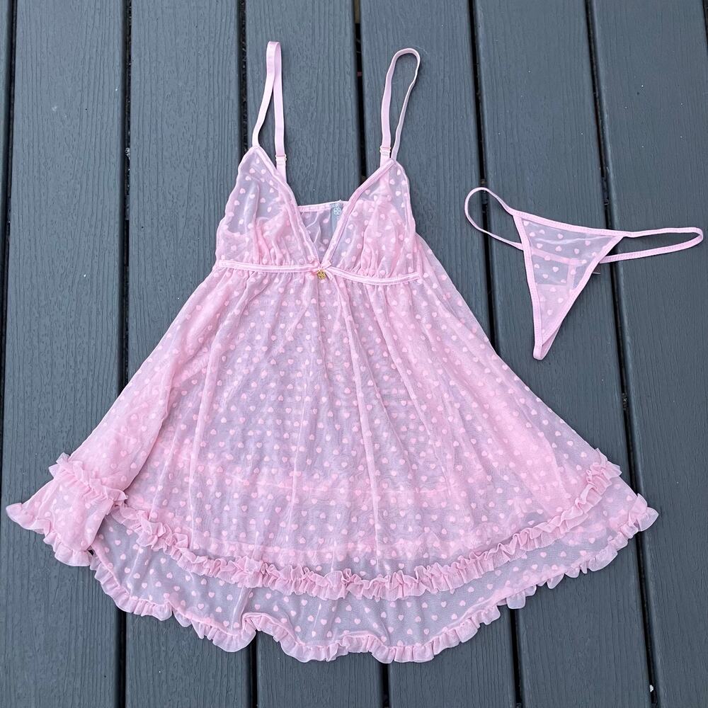 Pink mesh lace ruffled heart babydoll nightie slip with matching g-string